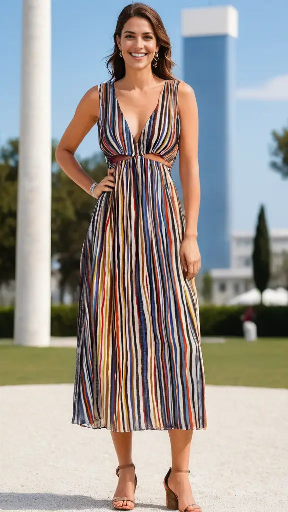 Cutout Striped Maxi Dress  La Moda Clothing