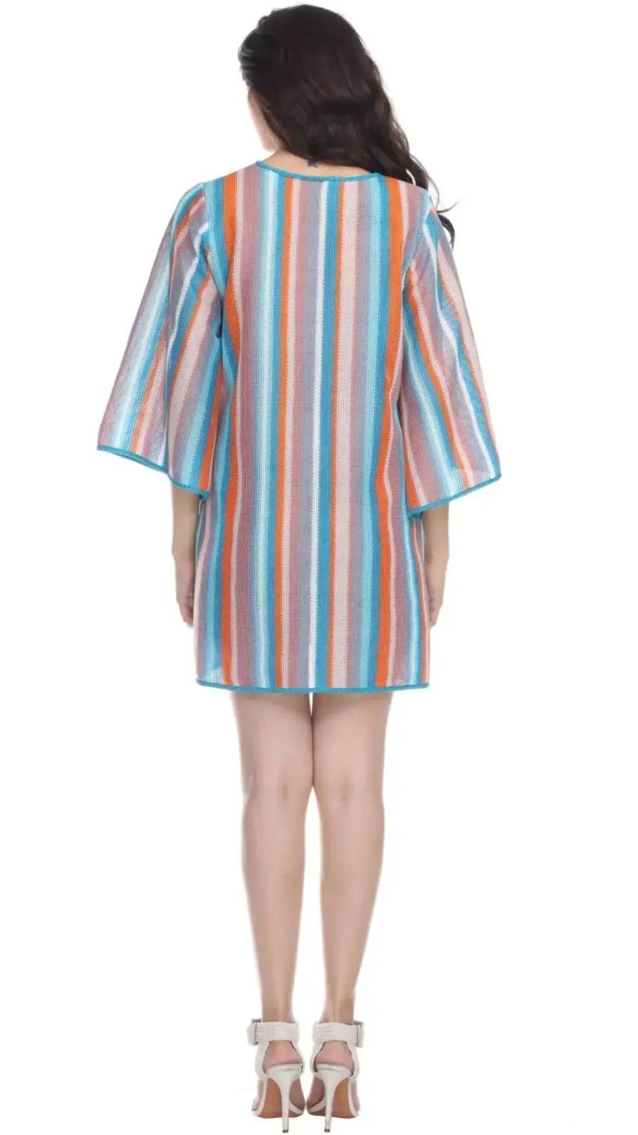 Multi-Color Stripe Pattern Short Polyester Tunic - La Moda Clothings