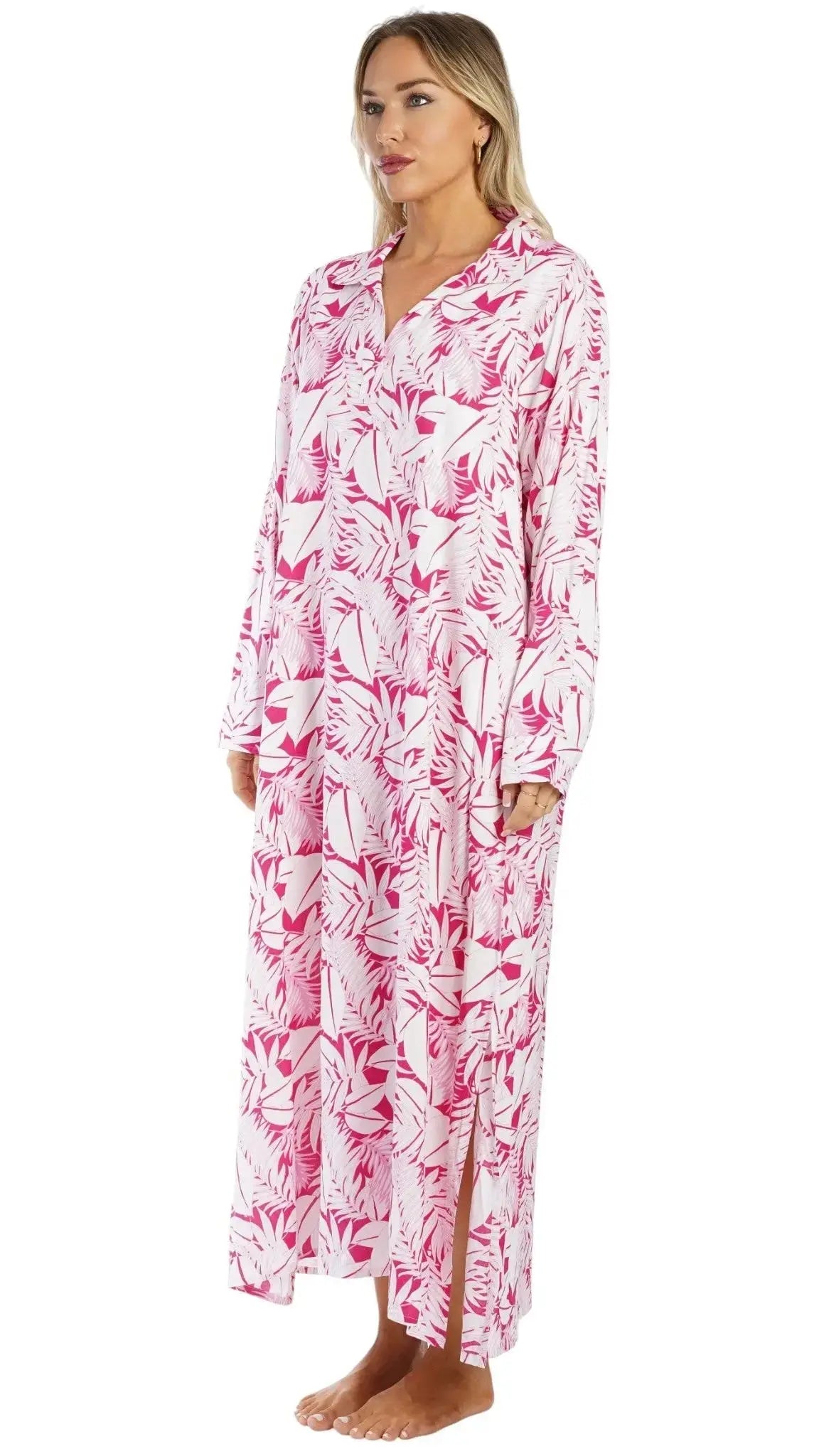 Pink Tropical Maxi Shirt Dress – Luxury Resort Wear Vacation Dress Club Moda shirt