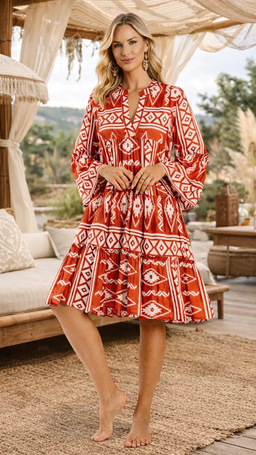 Red Boho Mini Dress Wholesale | Resort Wear Vacation Dress for Boutiques Club Moda Mini Dress