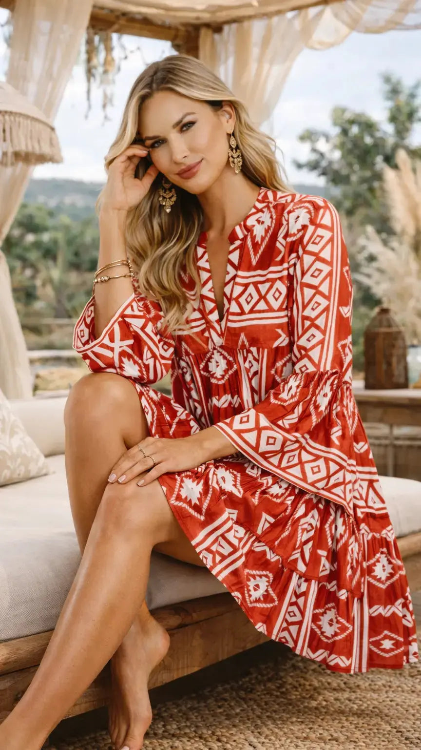 Red Boho Mini Dress | Resort Wear Vacation Dress for Island Travels - Designer Mini Dress | Elegant Kaftan Cover Up Dress | Club Moda USA