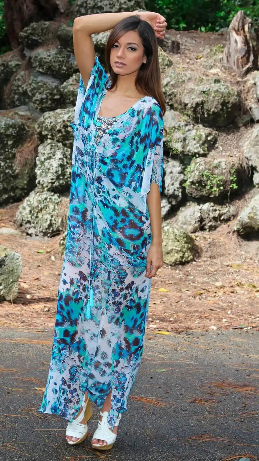 Printed Sheer Long Kaftan-Style Robe And Beachwear Cover Up - La Moda Clothings