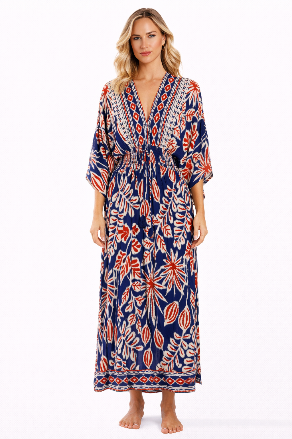 Navy folk-print V-neck kimono-sleeve maxi caftan dress resort cover-up by Club Moda — front view