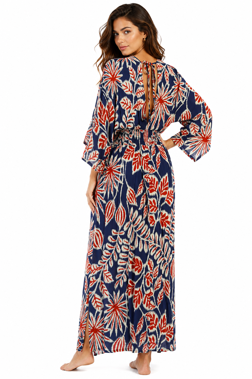 Navy folk-print kimono-sleeve maxi caftan dress by Club Moda — side view