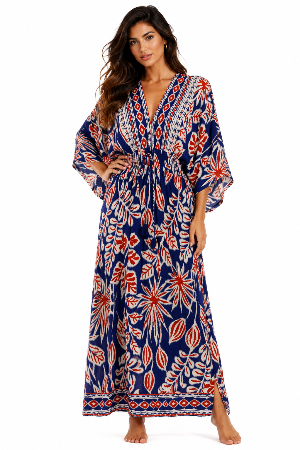 Navy folk-print V-neck maxi caftan cover-up dress by Club Moda — back view
