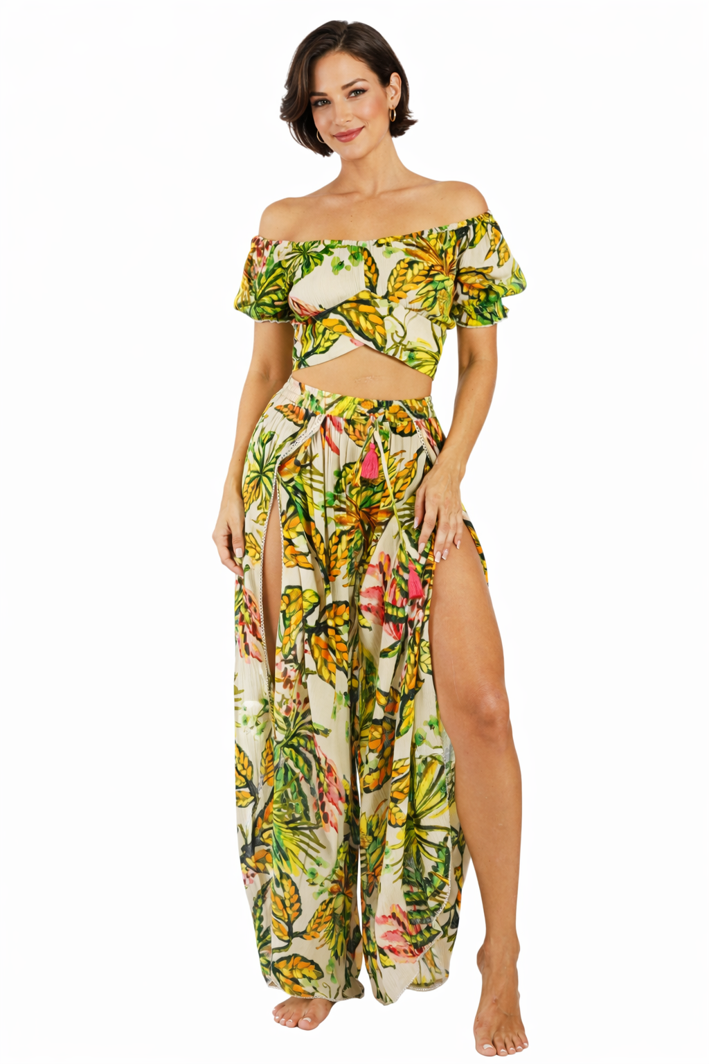 Green jungle-leaf print detail on crop top and wide-leg pants resort set by Club Moda