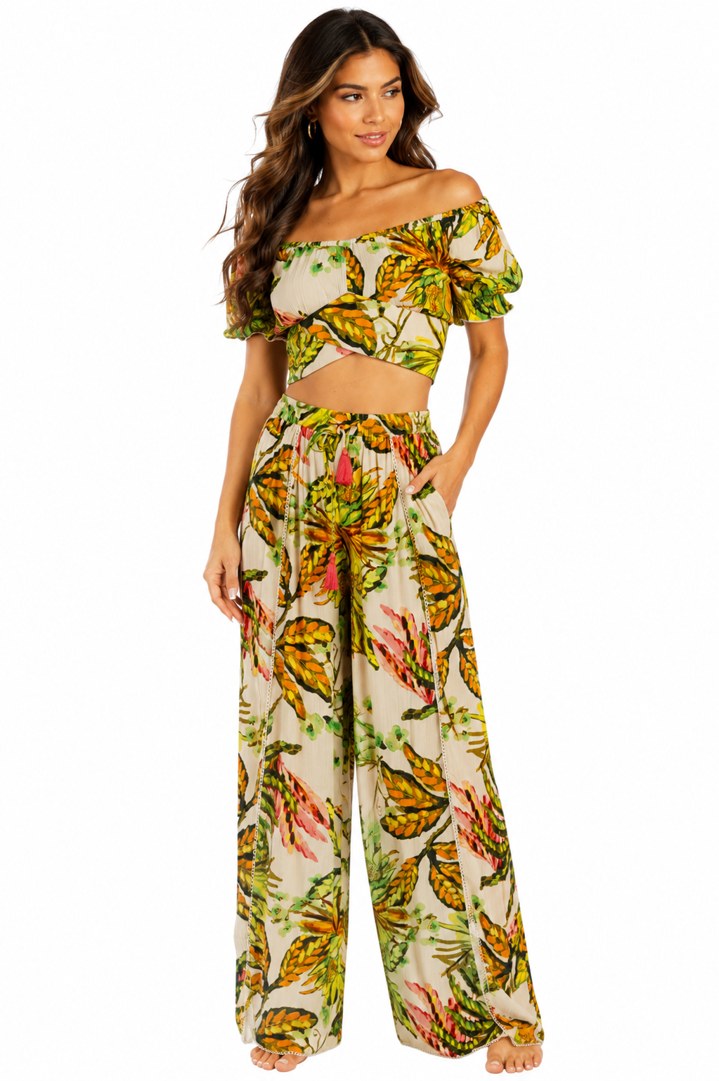 Green jungle-leaf off-shoulder crop top and wide-leg pants two-piece resort set by Club Moda — front view