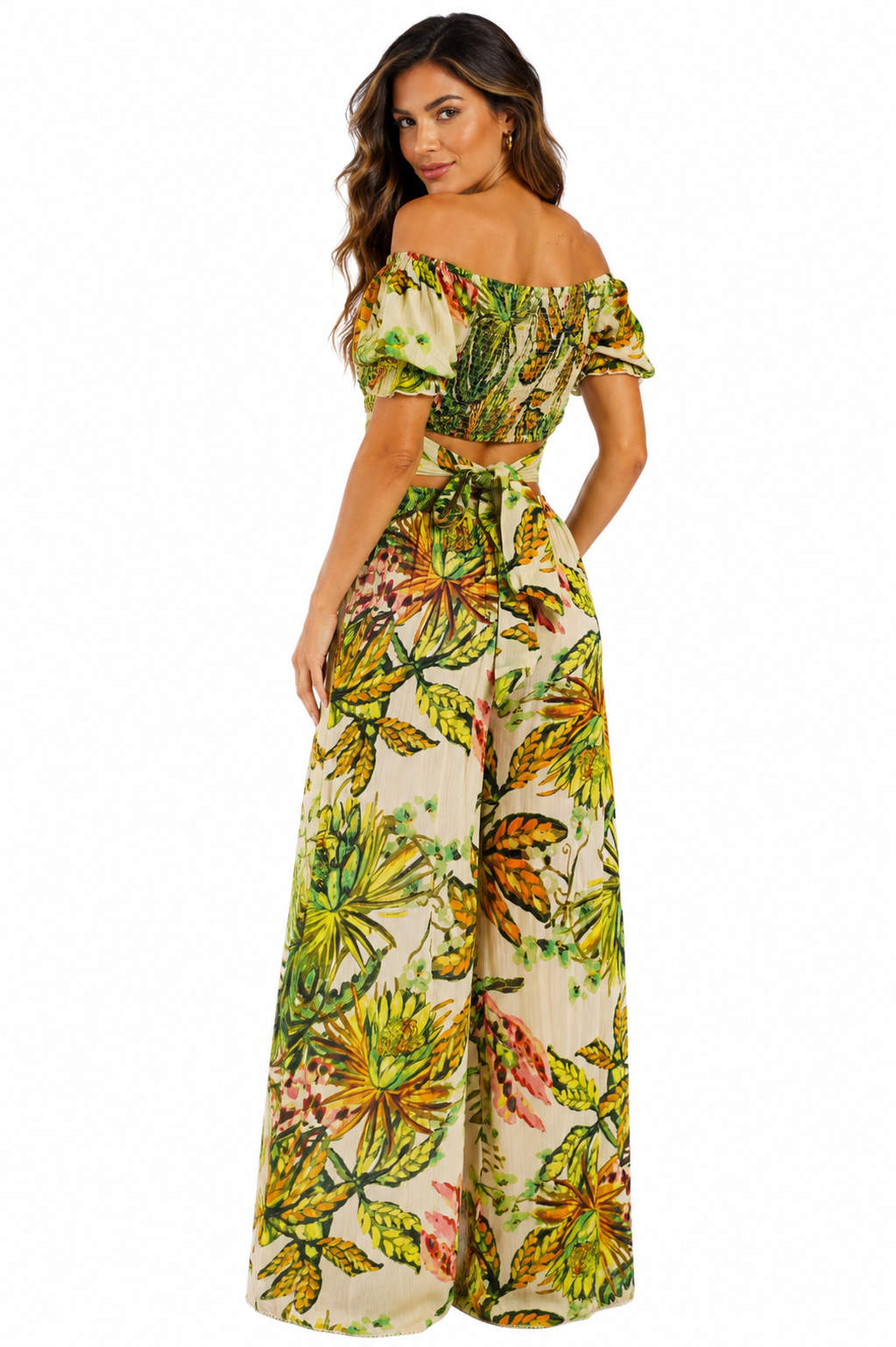 Green jungle-leaf crop top and wide-leg pants resort set by Club Moda — side view