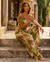 Green Jungle-Leaf Off-Shoulder Crop Top & Wide-Leg Pants Set — Two-Piece Resort Outfit
