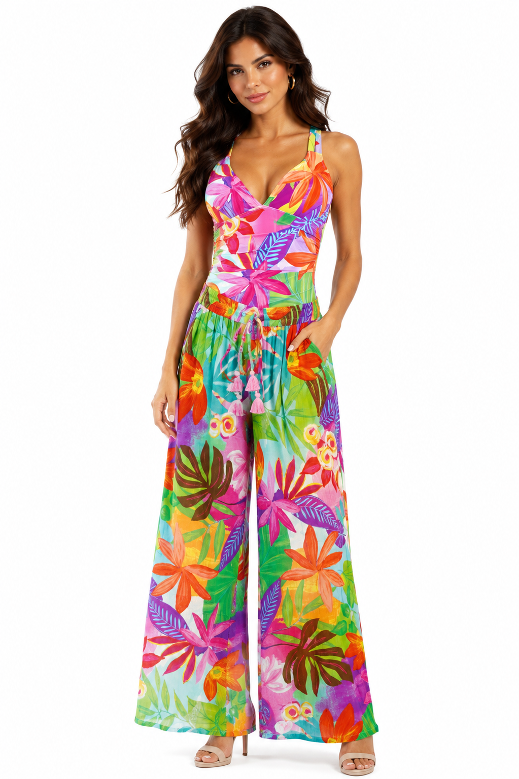 Tropical floral swim cover-up pants by Club Moda — back view