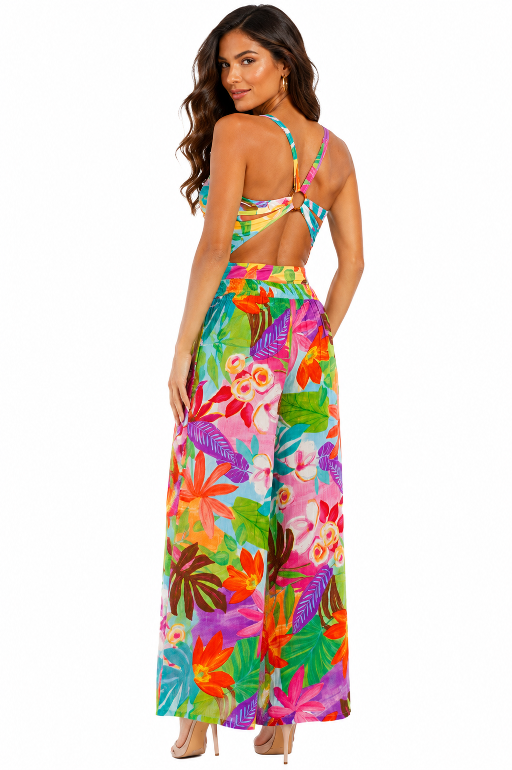 Multicolor tropical floral print detail on beach cover-up pants by Club Moda