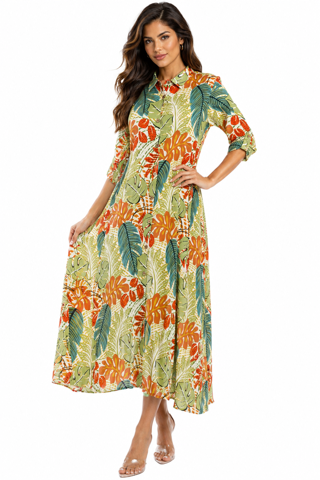 Green tropical leaf-print button-front maxi shirt dress beach cover-up by Club Moda — front view