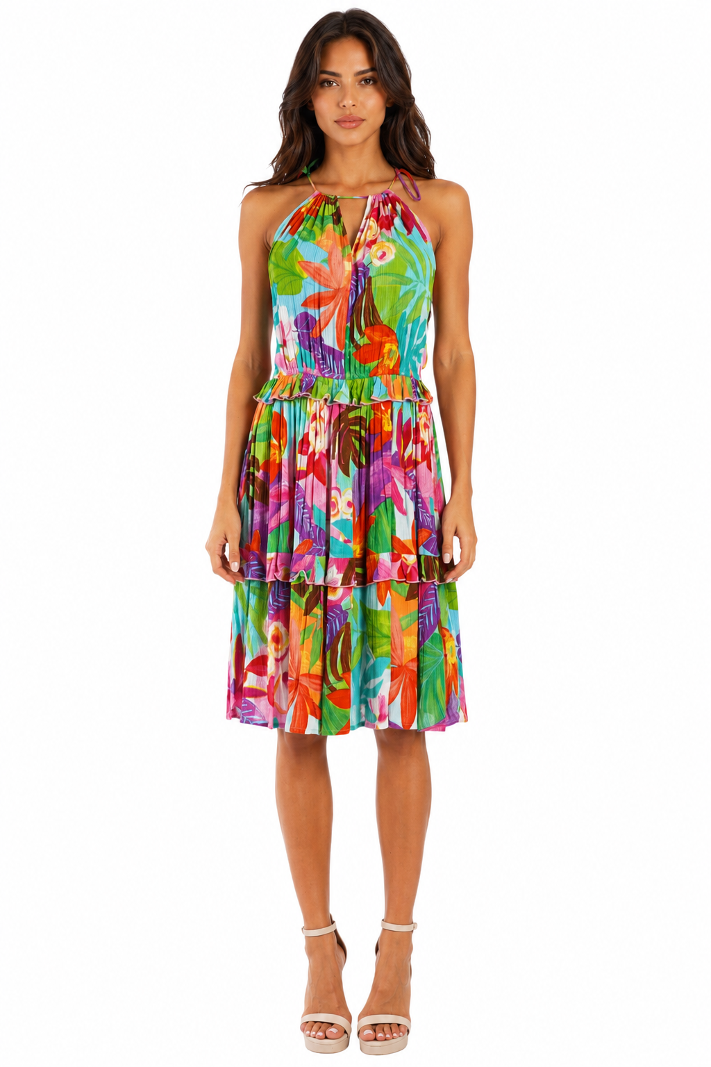 Multicolor tropical floral halter tiered mini beach vacation dress by Club Moda — front view