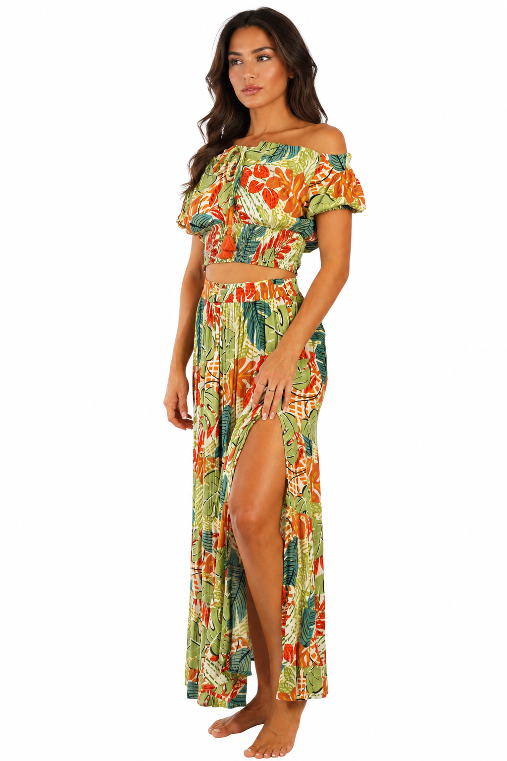 Green tropical crop top and maxi skirt two-piece set by Club Moda — back view