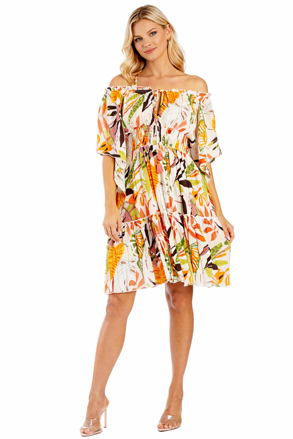 Burnt-orange and green tropical floral print detail on smocked mini dress by Club Moda