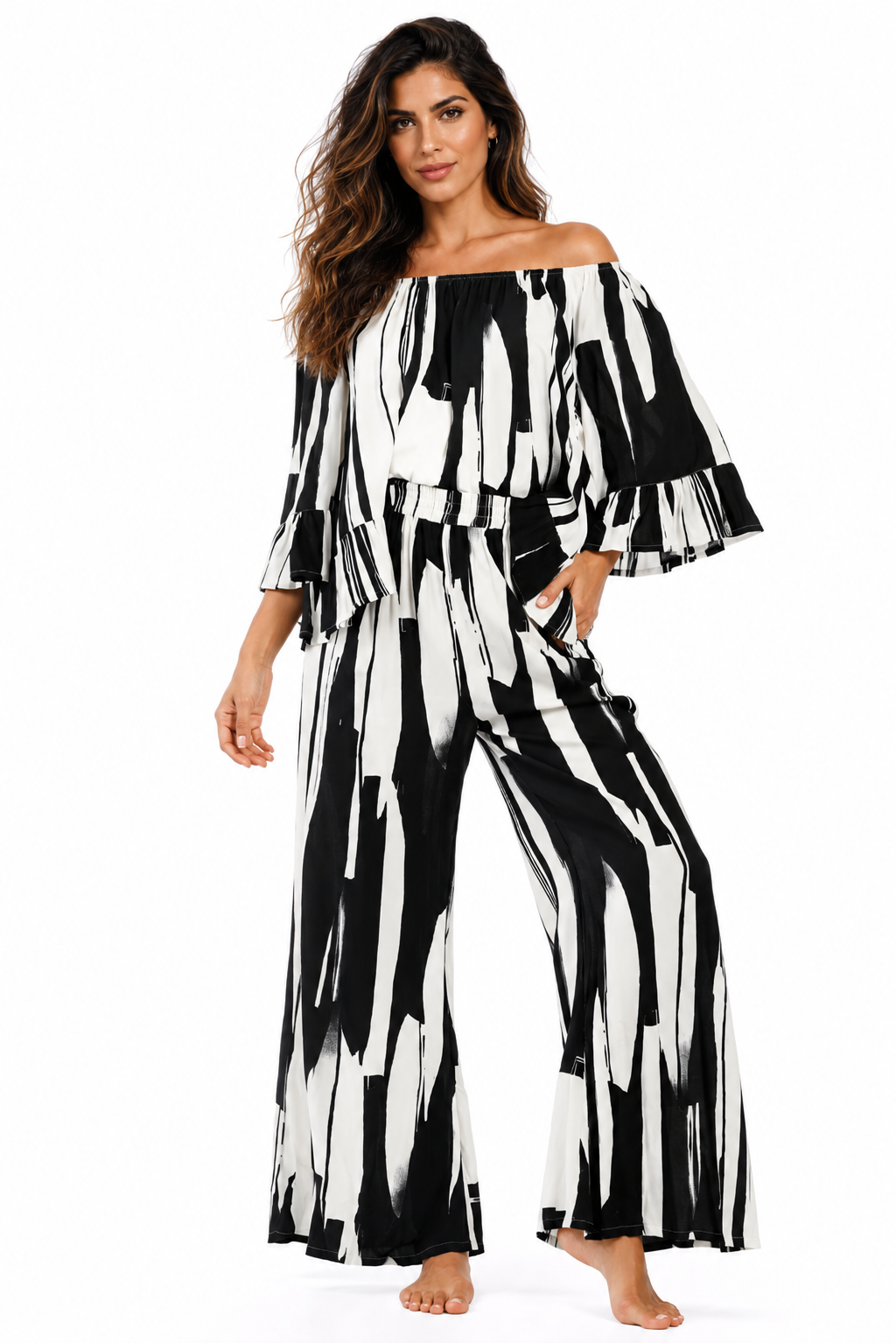 Black and white brushstroke crop top and wide-leg pants set by Club Moda — back view