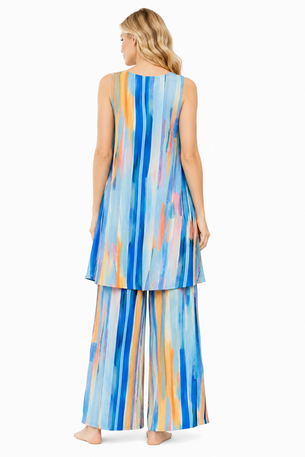 Blue and peach watercolor stripe two-piece pant set for women - side view