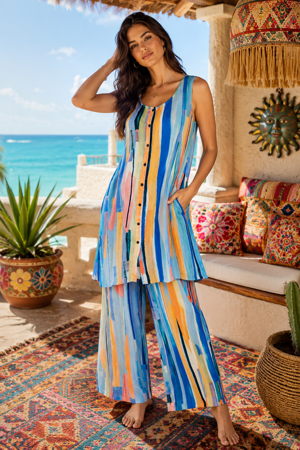 Watercolor Stripe Tunic & Palazzo Pant Set – 2-Piece Resort Co-Ord - Premium Resort Wear | Luxury Resort Set for Vacation & Cruise | Club Moda