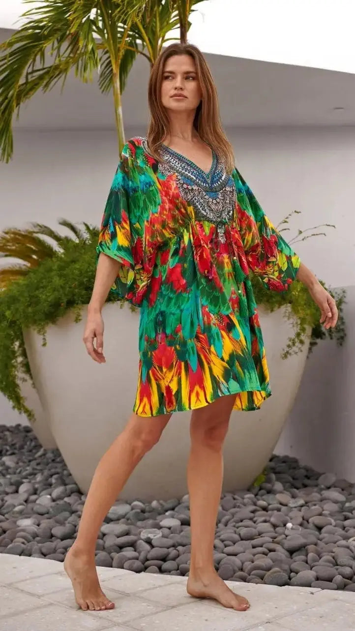 Macaw Short Robe Dress Cover up in Silk - La Moda Clothings