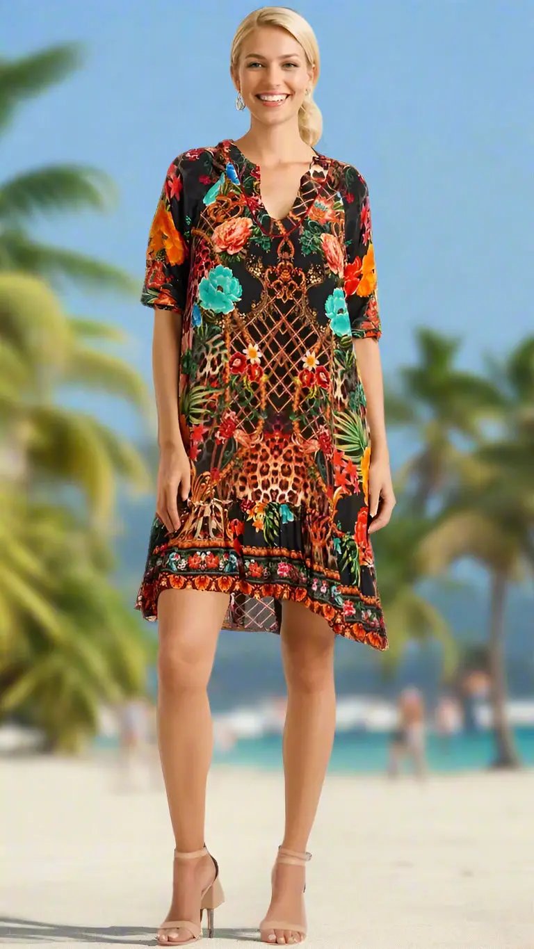 A smiling woman stands on a sandy beach with palm trees, wearing the Sophie Tiered Midi Dress by La Moda Clothing—a colorful, knee-length dress with bold floral and animal prints. Her blonde hair is tied back, and she pairs it with nude heels and small earrings.