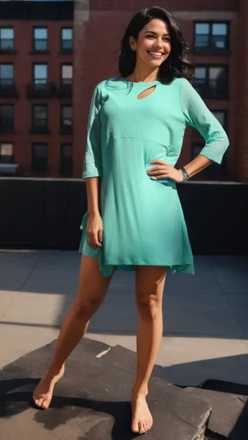 A woman with dark hair wears the Lamodaclothing South Beach Tunic Dress for Summer in light teal, featuring three-quarter sleeves and a keyhole neckline. She stands barefoot on a rooftop, smiling with her right hand on her hip, brick buildings behind her.