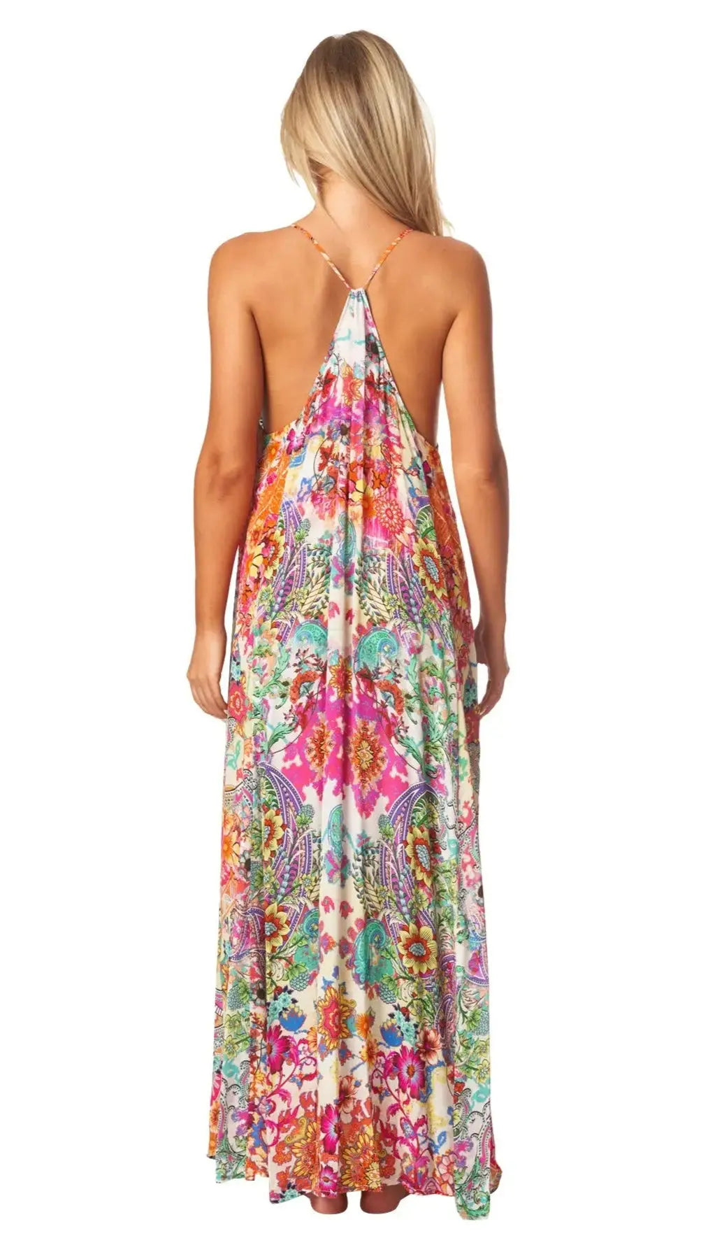 Eden Garden Bohemian T-back Maxi Dress with Front Pockets - La Moda Clothing