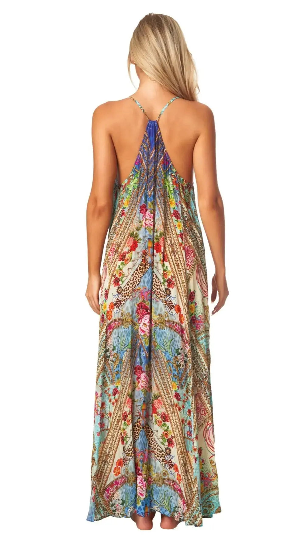 Queens Garden Bohemian T-back Maxi Dress with Front Pockets - La Moda Clothing