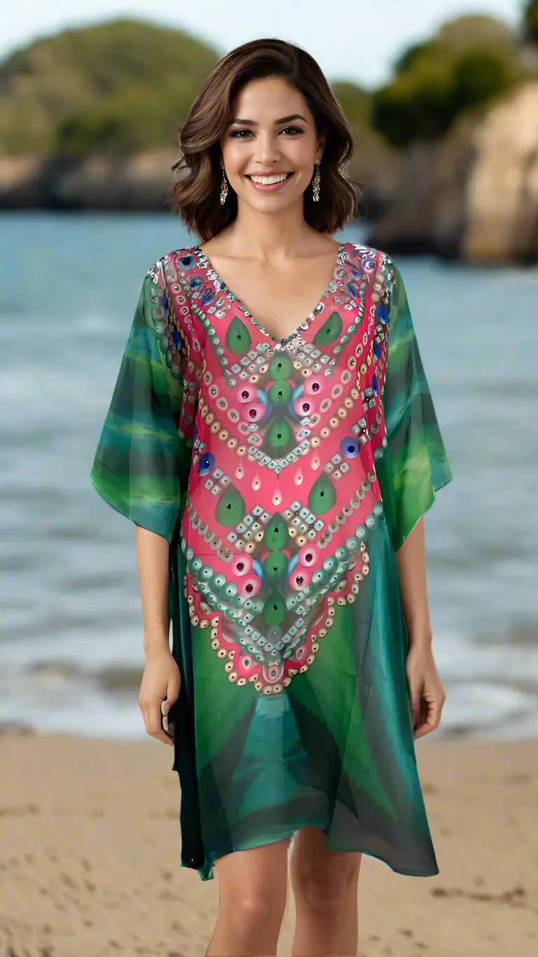 A smiling woman with wavy brown hair stands on a sandy beach, wearing La Moda Clothing’s Tropical Caftan—loose and colorful with green, blue, and red patterns—plus drop earrings. Behind her are blurred rocky cliffs and blue water under a bright sky.