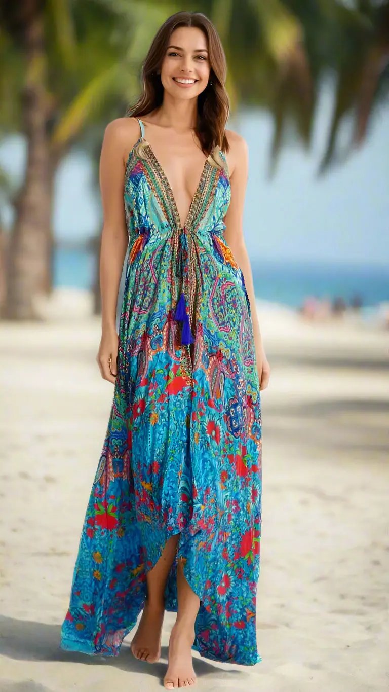 A smiling woman walks barefoot on a sandy beach in the La Moda Clothing Tropical Halter Maxi Dress, featuring a colorful floral and paisley pattern with a deep V-neck. Palm trees and a blurred shoreline are visible in the background.