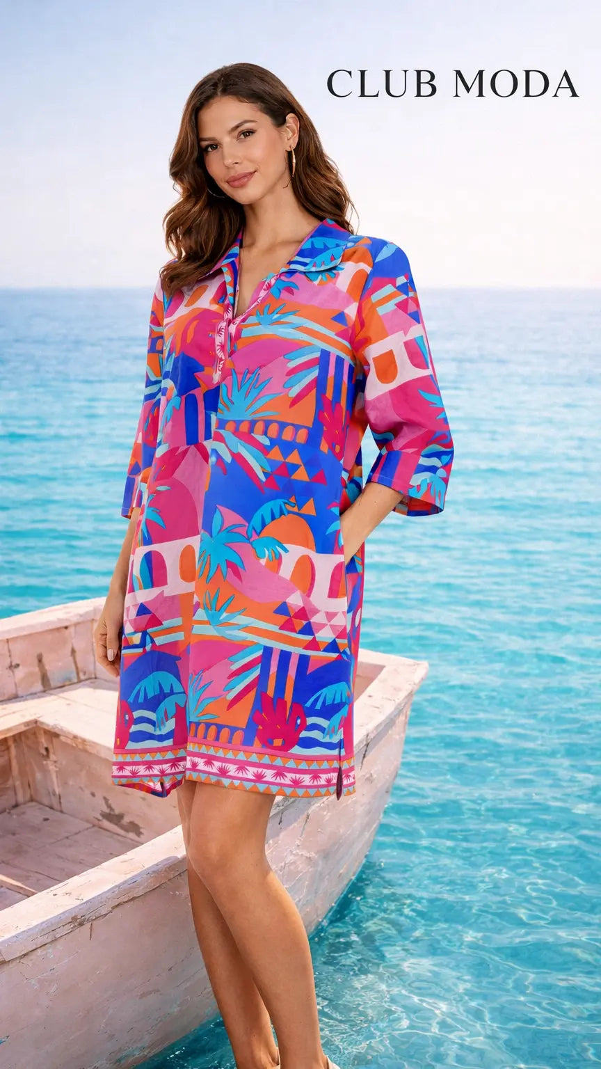 Tropical Printed Shift Tunic Dress – Luxury Resort Wear | Colorful Vacation Cover Up Club Moda Mini Dress