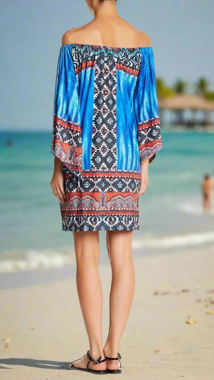 Printed Tunic Style Off-Shoulder Dress for Resort Wear - La Moda Clothings