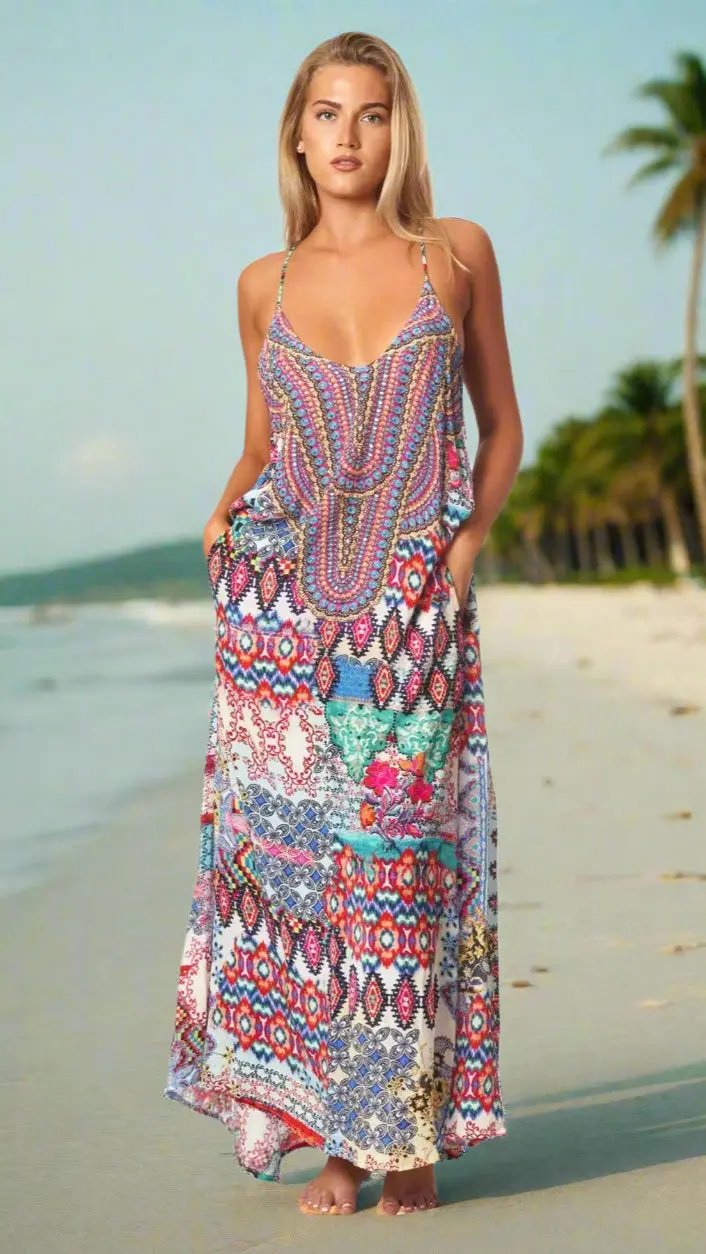 Tribal Ikat Elegant Maxi Pocket Dress in Viscose Silk - La Moda Clothing