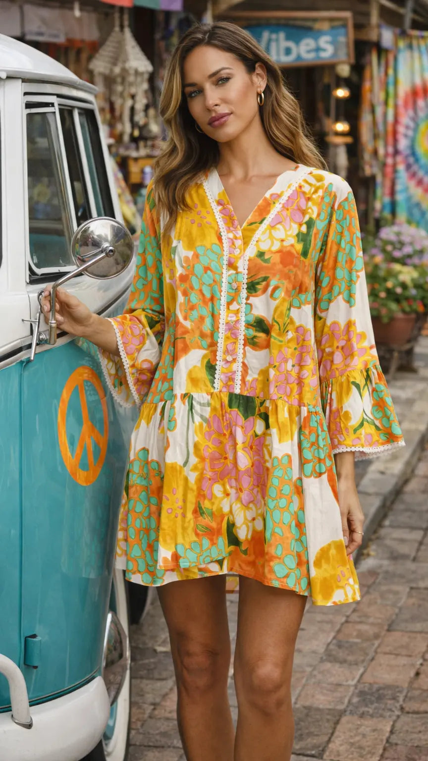 Yellow Floral Mini Dress – Luxury Resort Wear Vacation Dress Club Moda Mini Dress