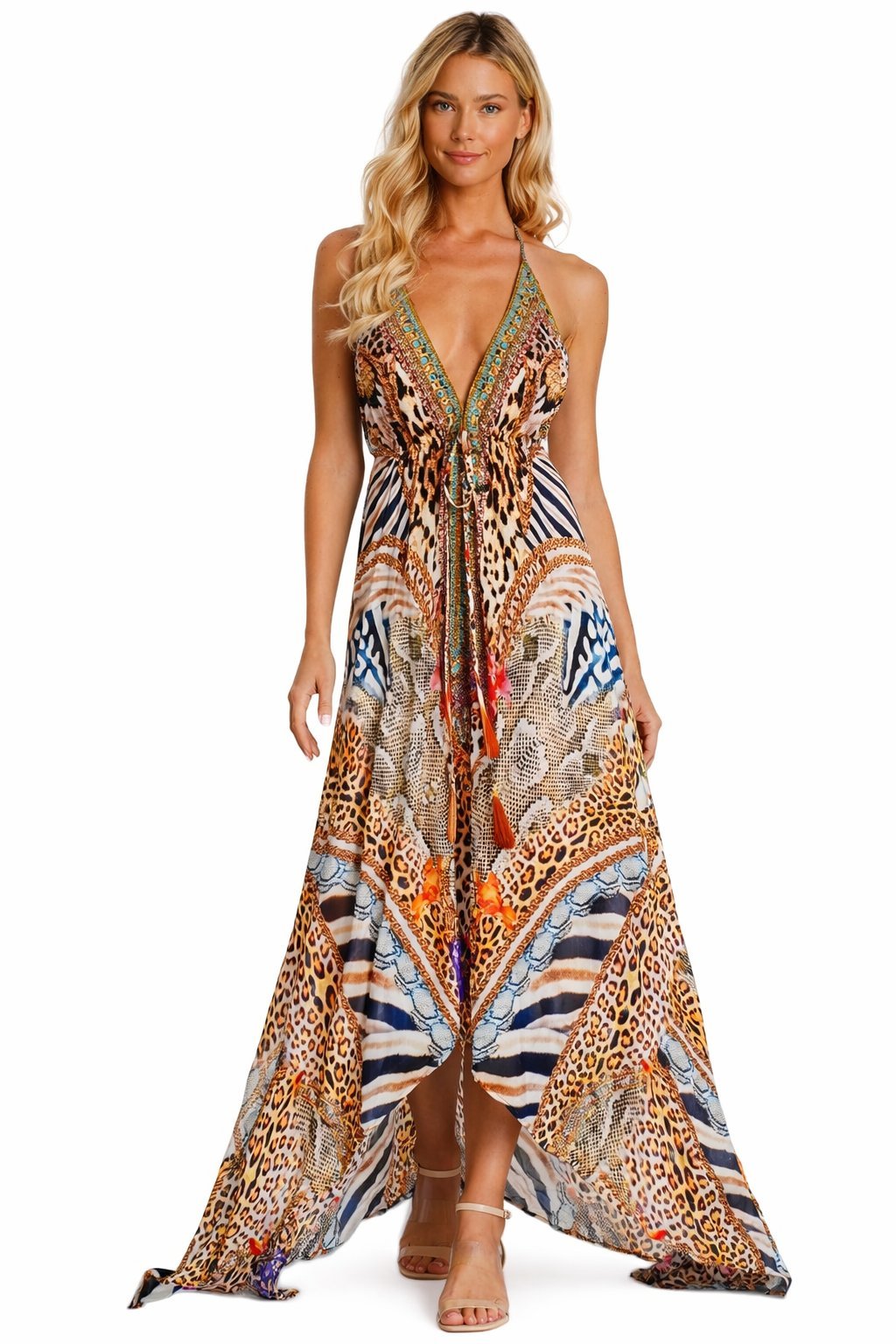 Animal Print Tribal Embellished Maxi Dress - Designer Maxi Dress | Elegant Kaftan Cover Up Dress | Club Moda USA