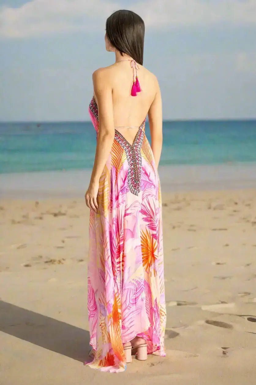 Backless Halter Maxi Dress - Designer Maxi Dress | Elegant Kaftan Cover Up Dress | Club Moda USA