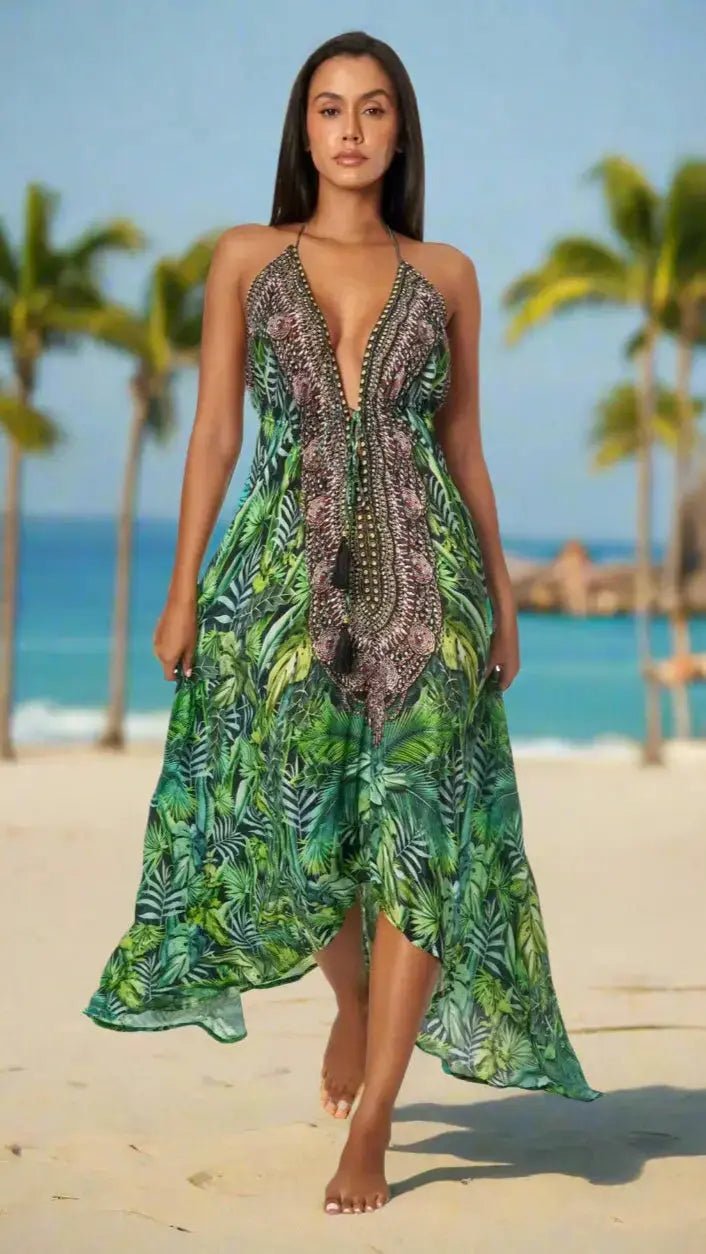 Backless Halter Resort Dress - Designer Maxi Dress | Elegant Kaftan Cover Up Dress | Club Moda USA