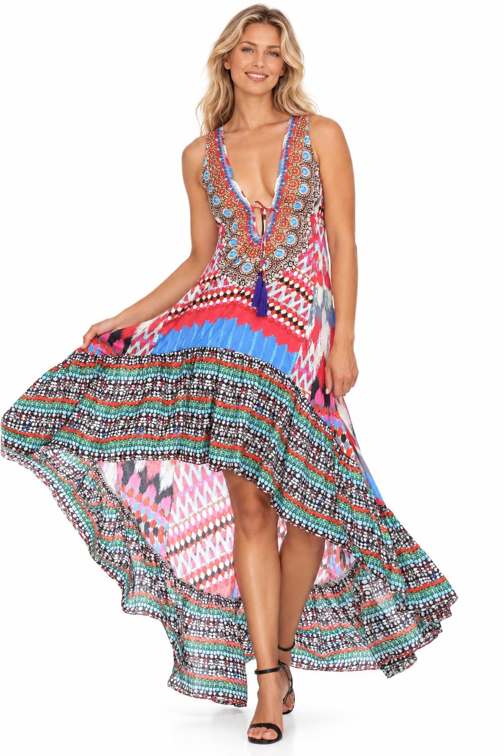 Club Moda sleeveless high-low maxi dress front view on white background - ikat print with geometric ruffle hem, SKU 191042-HLD