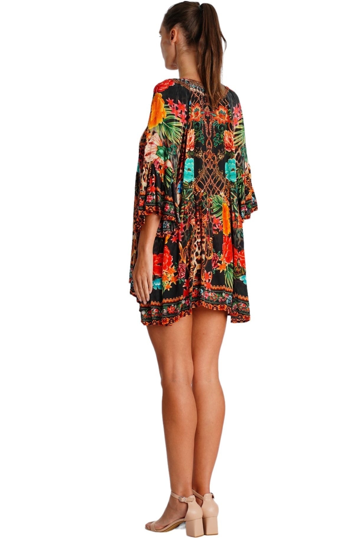 Black Tropical Floral Bell-Sleeve Mini Dress - Designer Mini Dress | Elegant Kaftan Cover Up Dress | Club Moda USA
