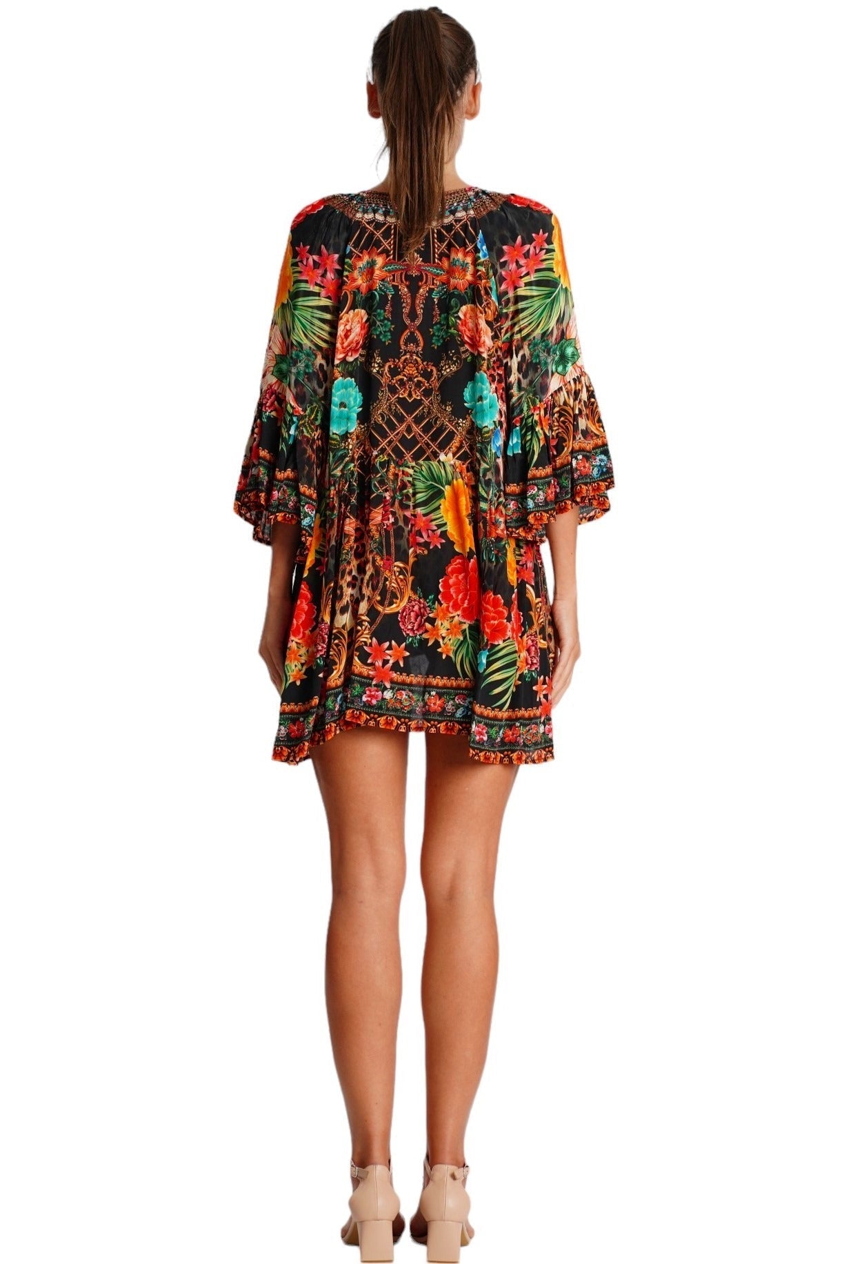 Black Tropical Floral Bell-Sleeve Mini Dress - detail close-up - Club Moda USA vacation dress