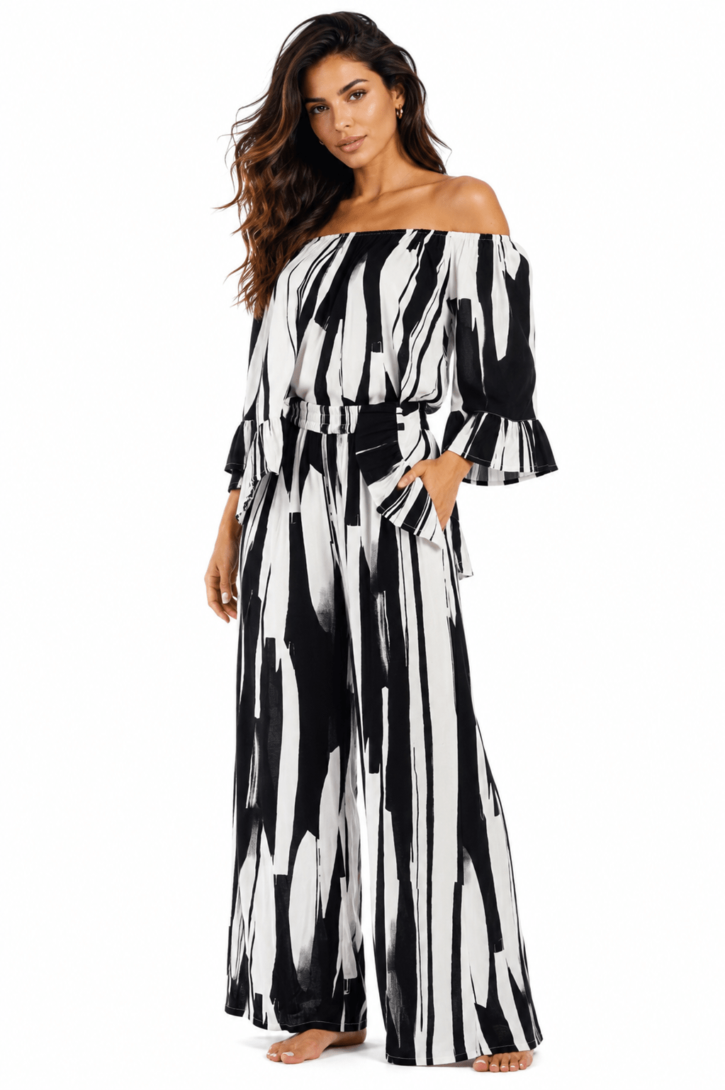 Black and white abstract brushstroke off-shoulder crop top and wide-leg pants two-piece resort set by Club Moda — front view