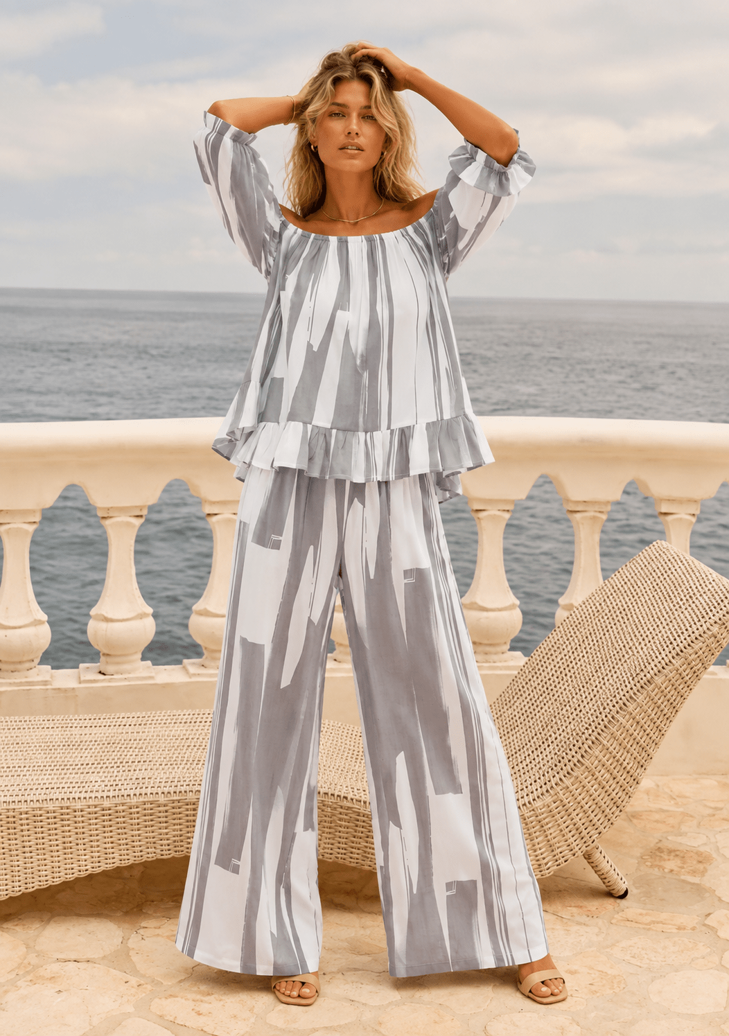 Black & White Brushstroke Off-Shoulder Two-Piece Set