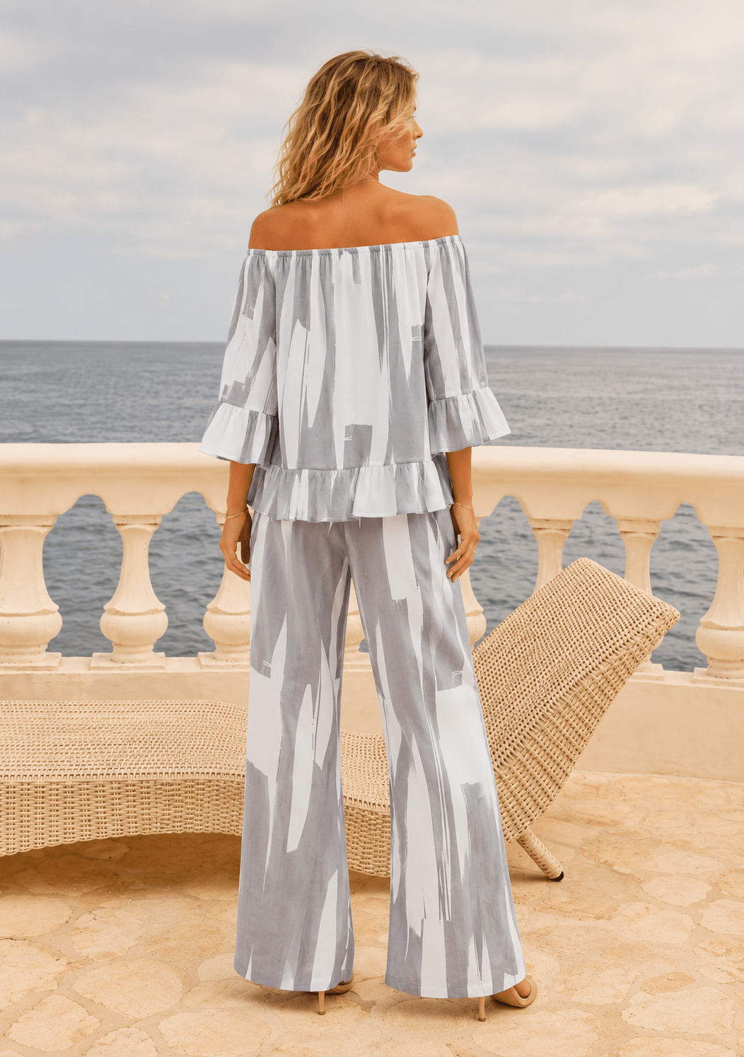 Black & White Brushstroke Off-Shoulder Two-Piece Set