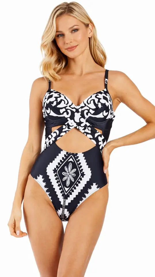 Black & White Cut-Out One Piece Swimsuit – Designer Resort Swimwear Club Moda One Piece Swimsuit