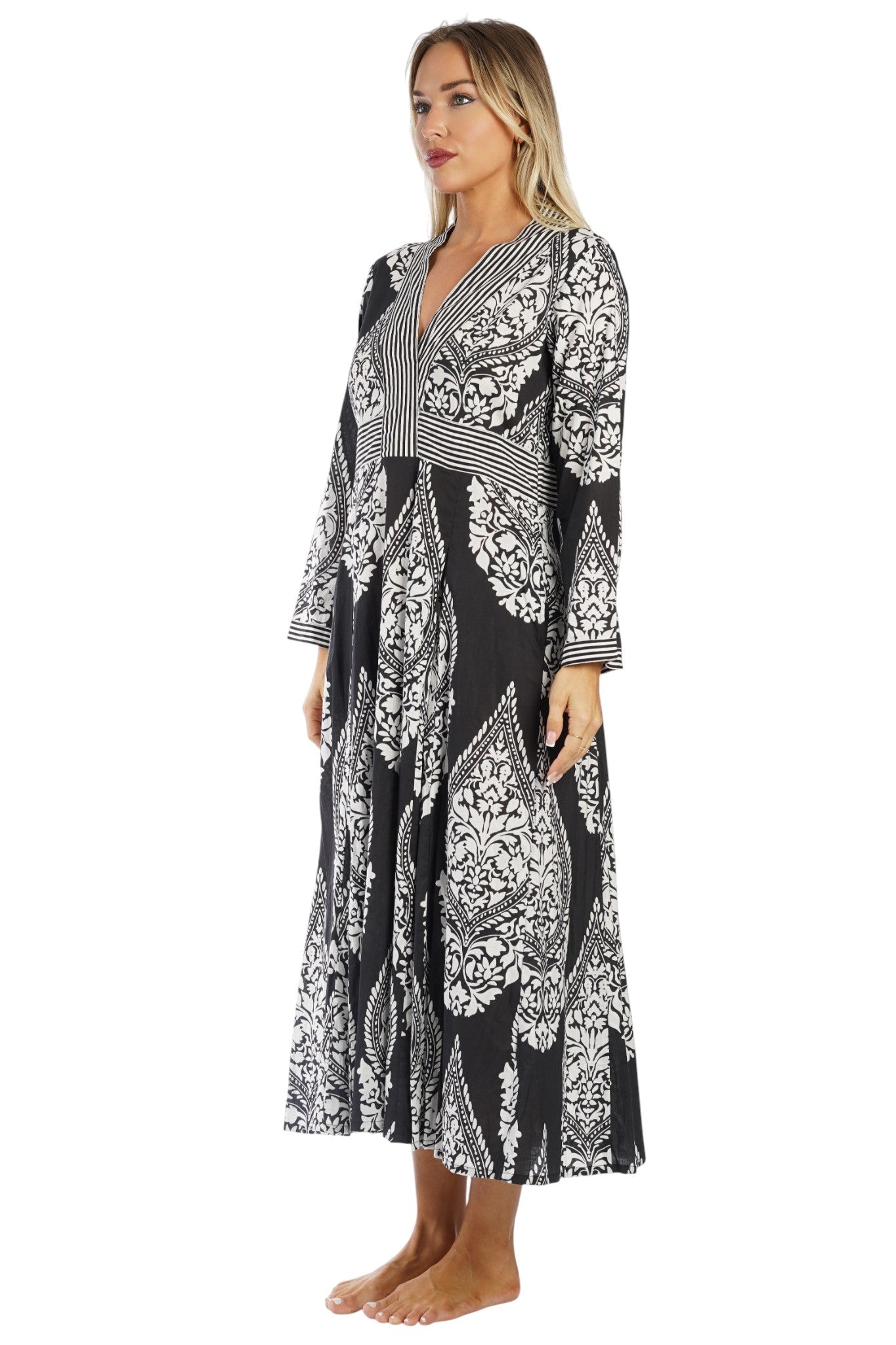 Black & White Damask Medallion Long-Sleeve Boho Maxi Dress — Resort Evening Dress - Designer Maxi Dress | Elegant Kaftan Cover Up Dress | Club Moda USA