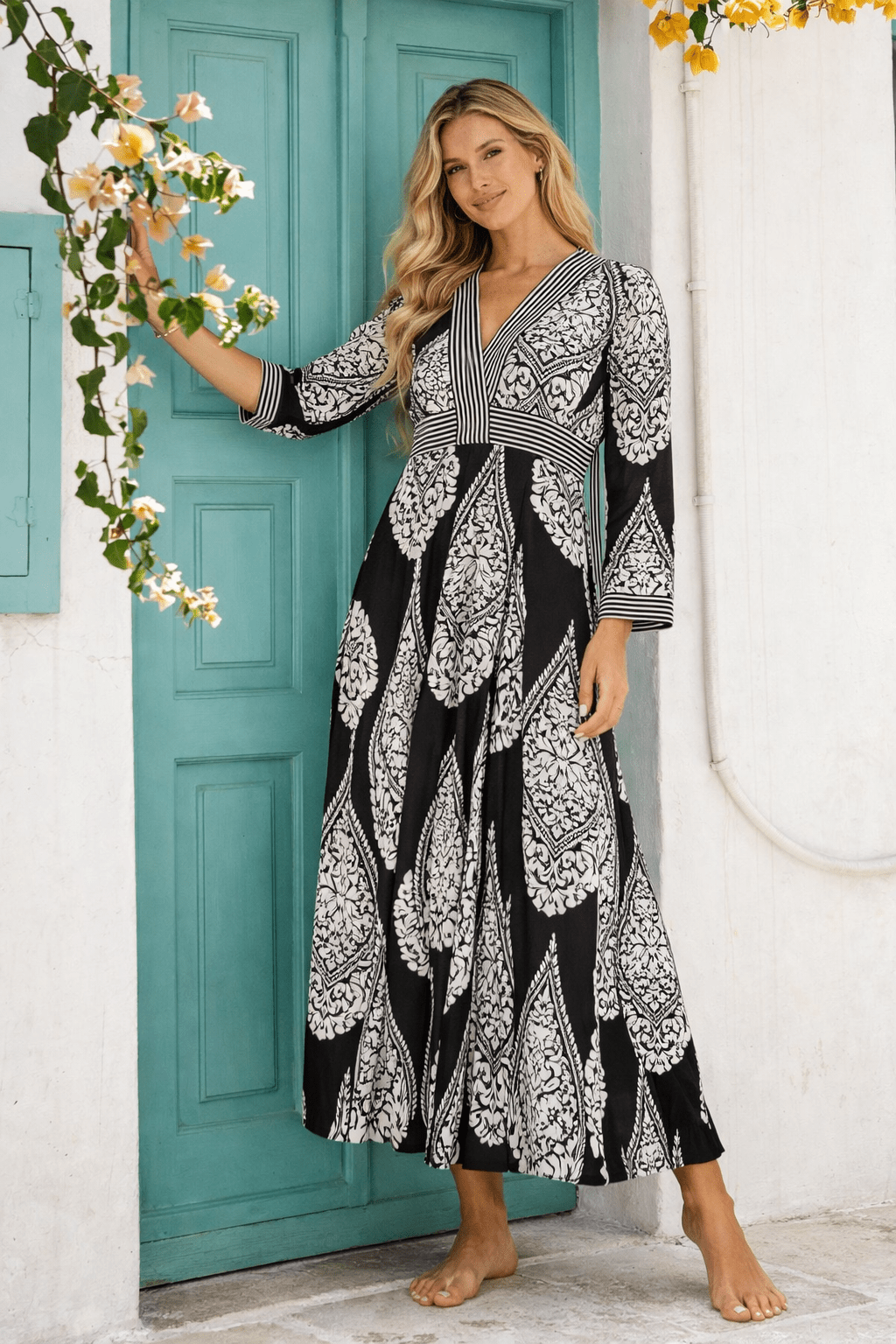Black & White Damask Medallion Long-Sleeve Boho Maxi Dress — Resort Evening Dress - Premium Resort Wear | Luxury Maxi Dress for Vacation & Cruise | Club Moda