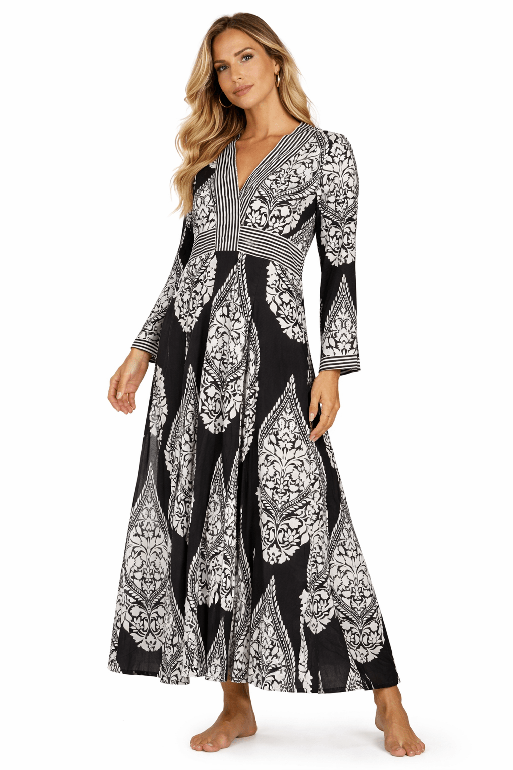Black & White damask medallion print boho maxi dress — front view | Luxury resort wear from Club Moda