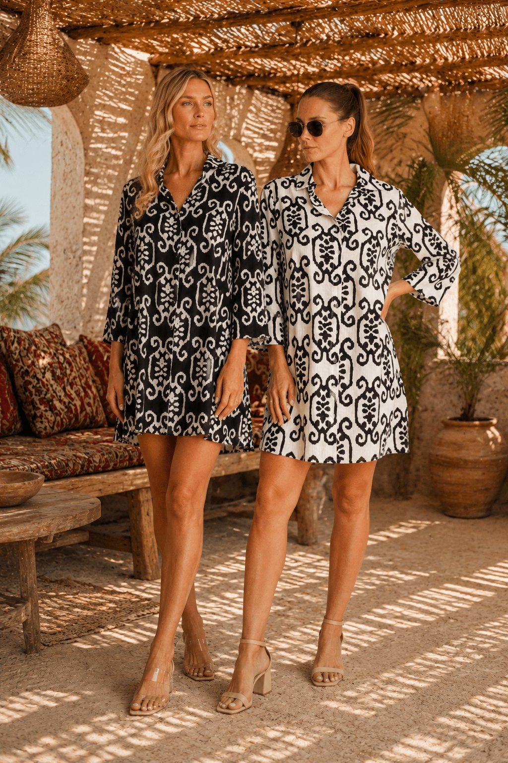 Black and white scroll-print shirt dress, further product view