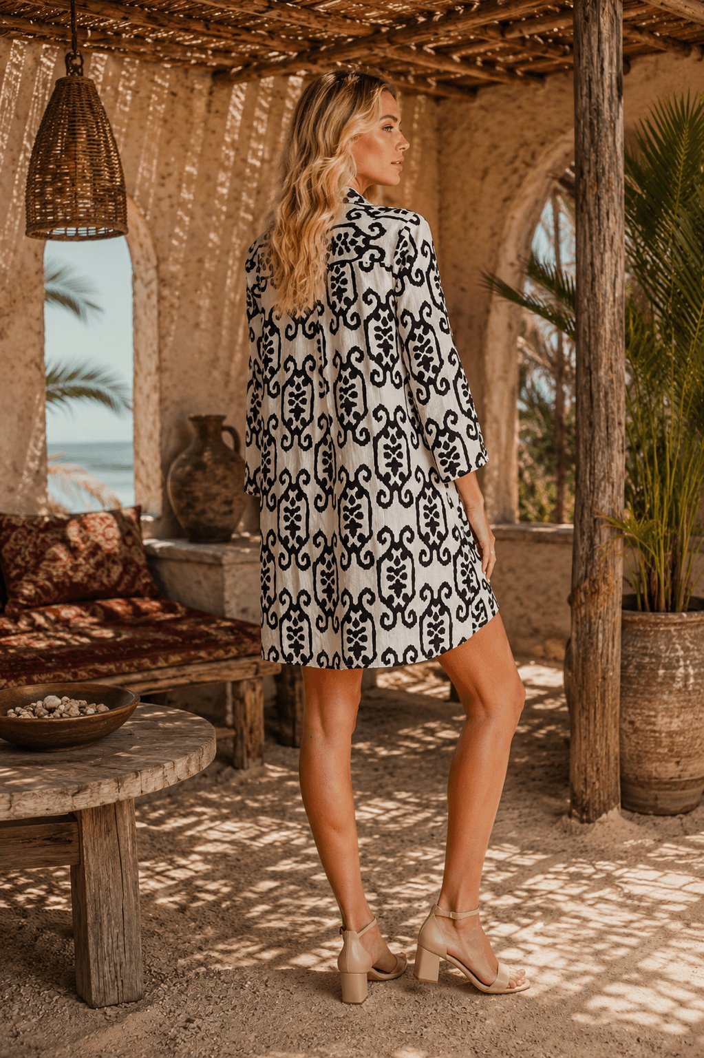 Scroll-print shirt dress resort cover-up, additional view