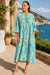 Blue Coastal Print Cotton Caftan Dress with Pockets