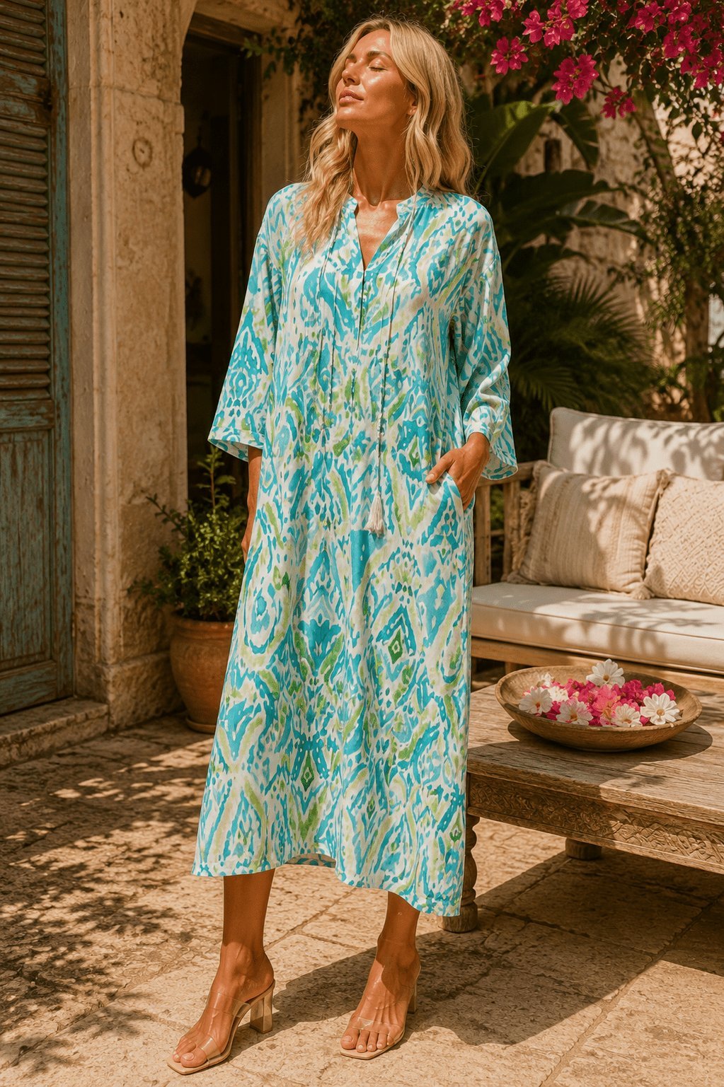 Blue coastal-print cotton caftan dress, shown from another angle